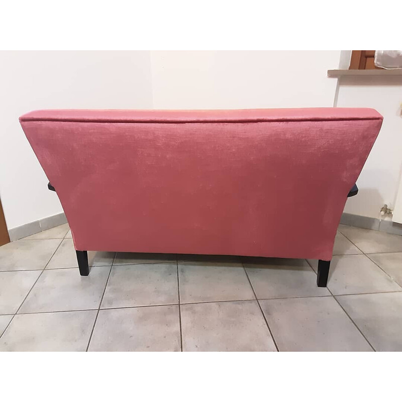 Vintage Art Deco faia preta e sofá de veludo vermelho, 1950