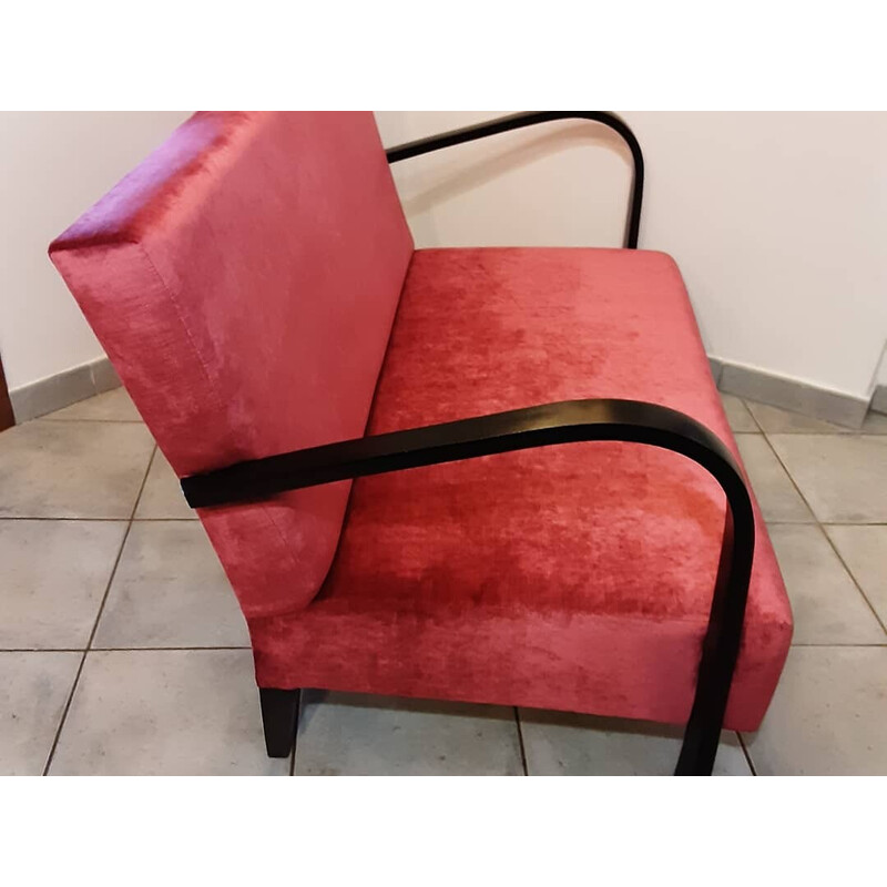 Vintage Art Deco sofa in black beech and red velvet, 1950