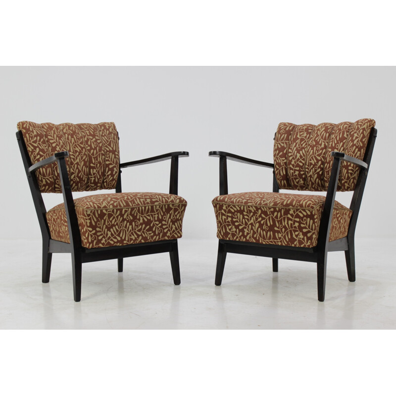 Paire de fauteuils tchèques avec revêtement marron d'origine - 1950