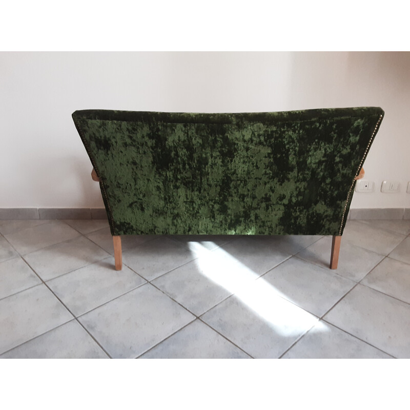 Sofá Art Déco vintage de dos plazas en terciopelo verde, 1950