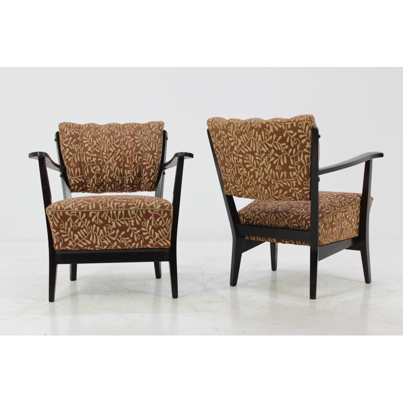 Paar Tsjechische fauteuils met originele bruine bekleding - 1950