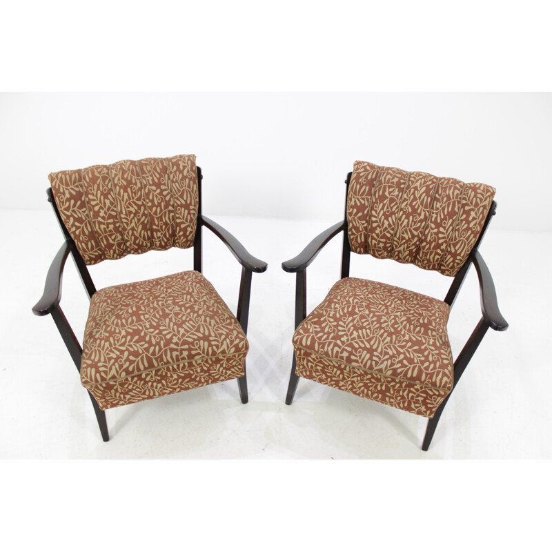 Paar Tsjechische fauteuils met originele bruine bekleding - 1950