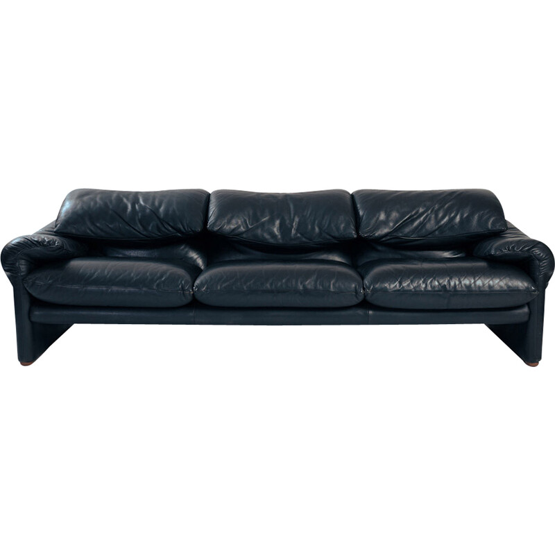 Vintage Italian black leather Maralunga sofa by Vico Magistretti for Cassina