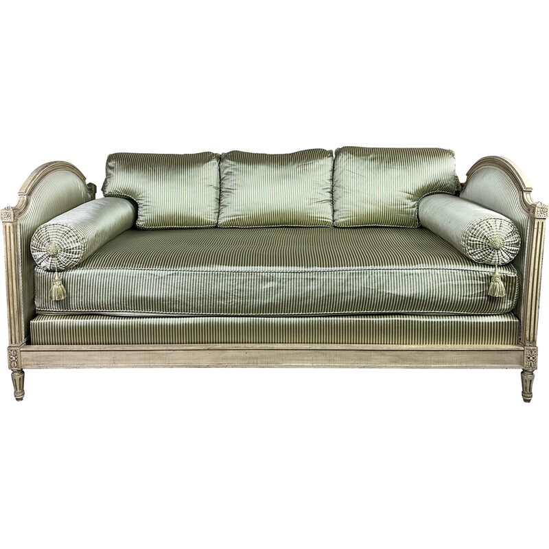 Vintage daybed in carved wood and beige and green satin, 1900