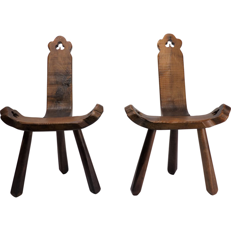 Paire de chaises tripodes vintage en bois vernis, 1960-1970
