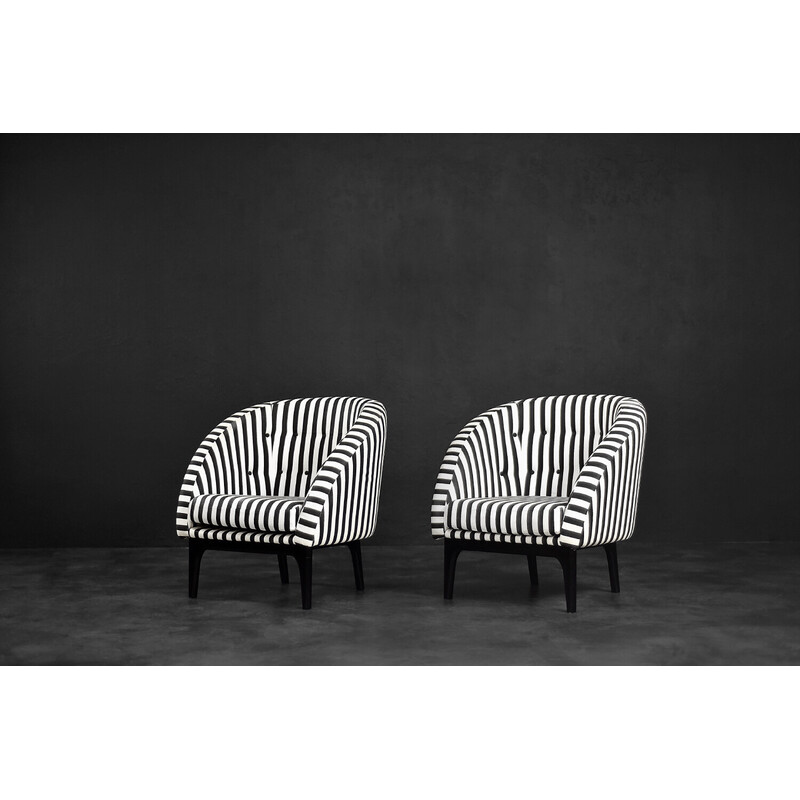 Paar vintage Scandinavische ronde fauteuils met zwarte en witte strepen, jaren 1960