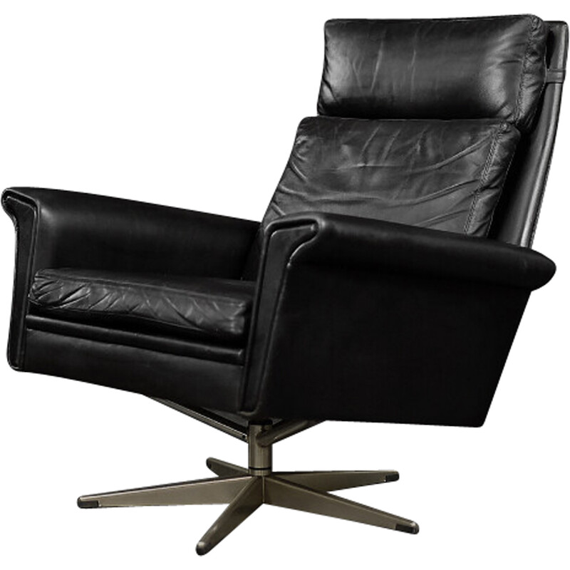 Vintage black leather swivel armchair by Georg Thams, Denmark 1960s