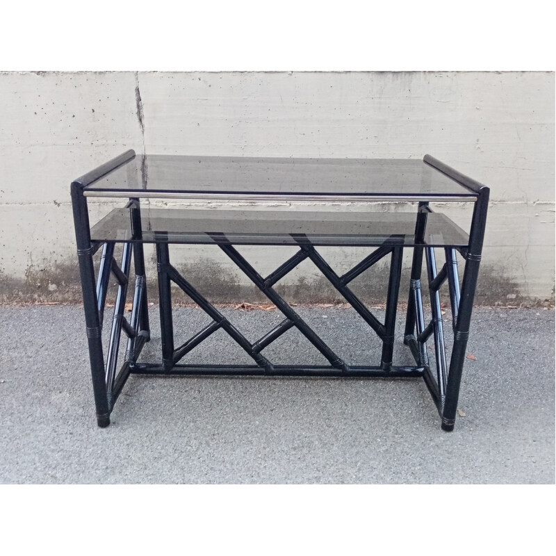 Vintage bamboo and smoked glass console table, 1980