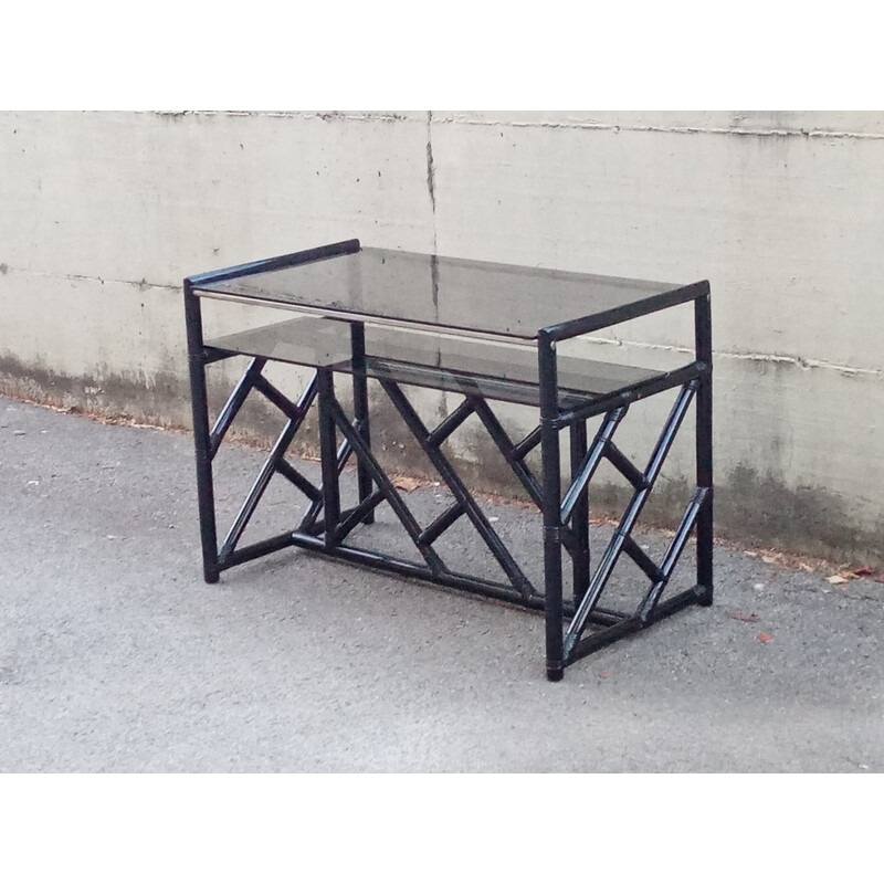 Vintage bamboo and smoked glass console table, 1980