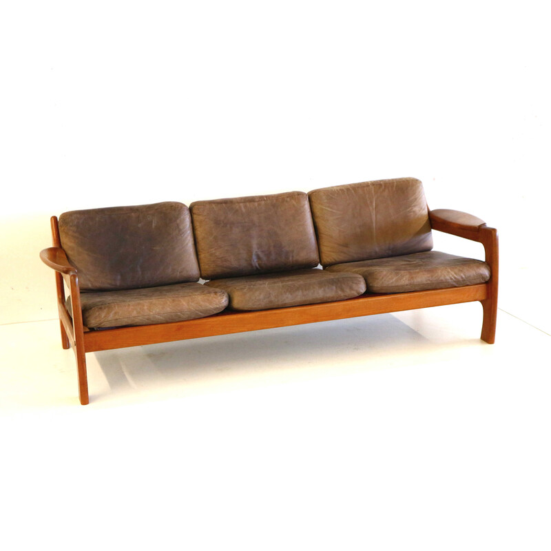 Vintage teak and leather sofa, 1960s