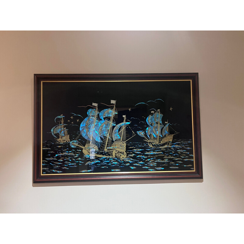 Vintage painting on glass with wooden frame, 1940-1950s