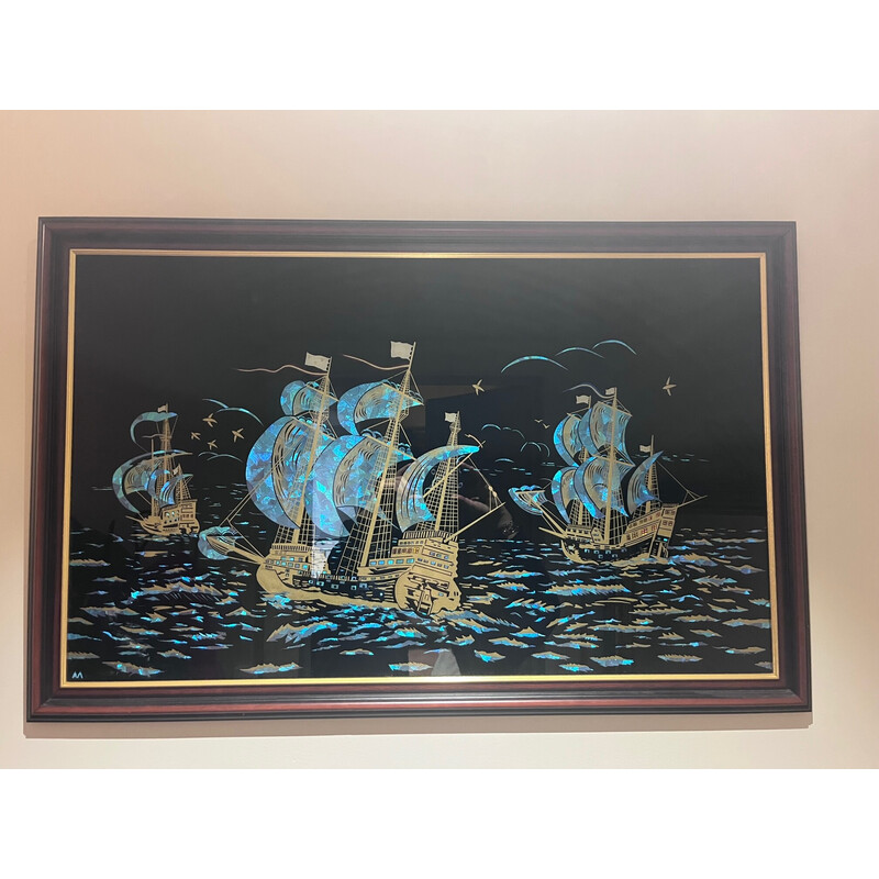 Vintage painting on glass with wooden frame, 1940-1950s