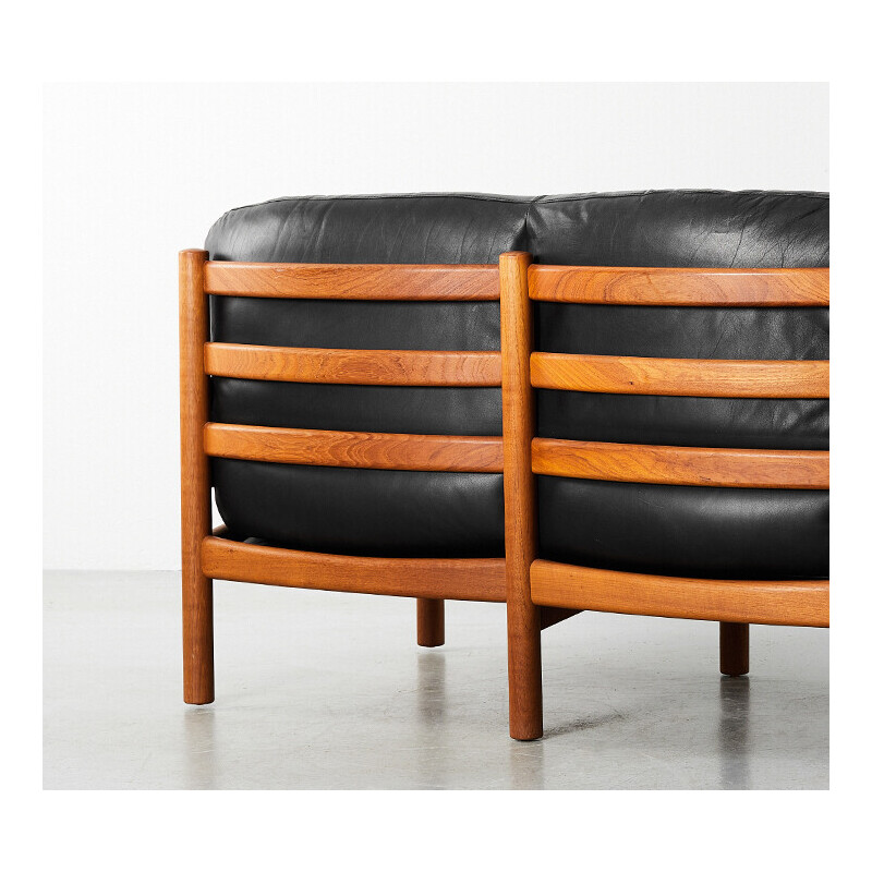 Sofá vintage de piel y madera torneada para Skippers Furniture, Dinamarca Años 70