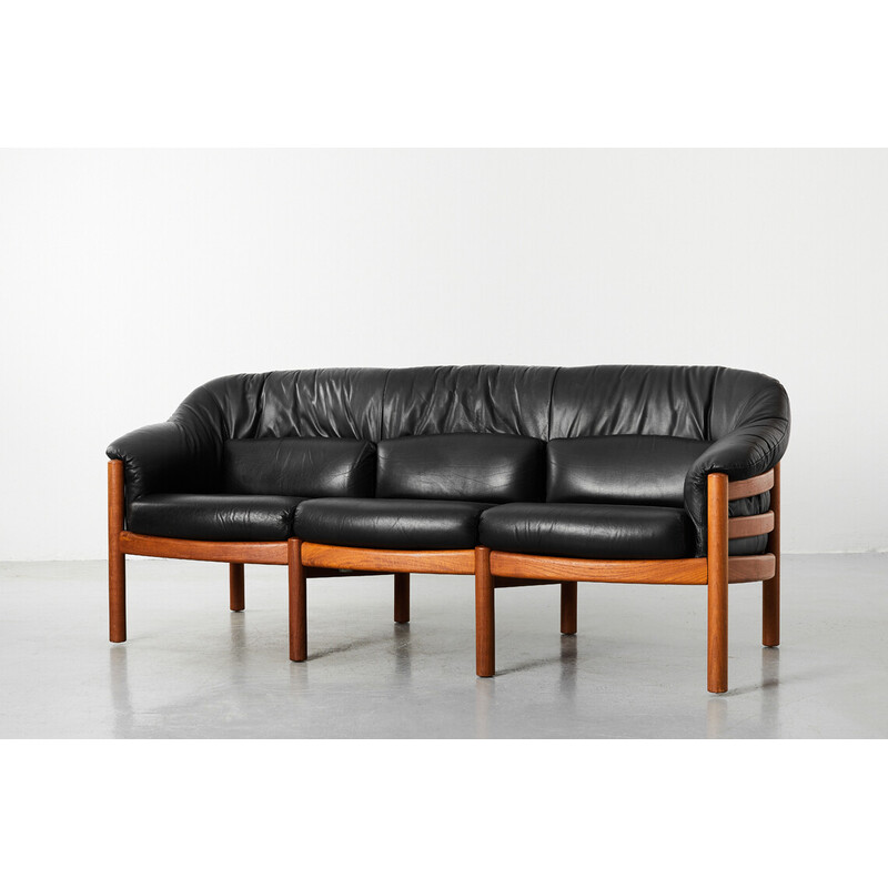Vintage leather and turned wood sofa for Skippers Furniture, Denmark 1970s