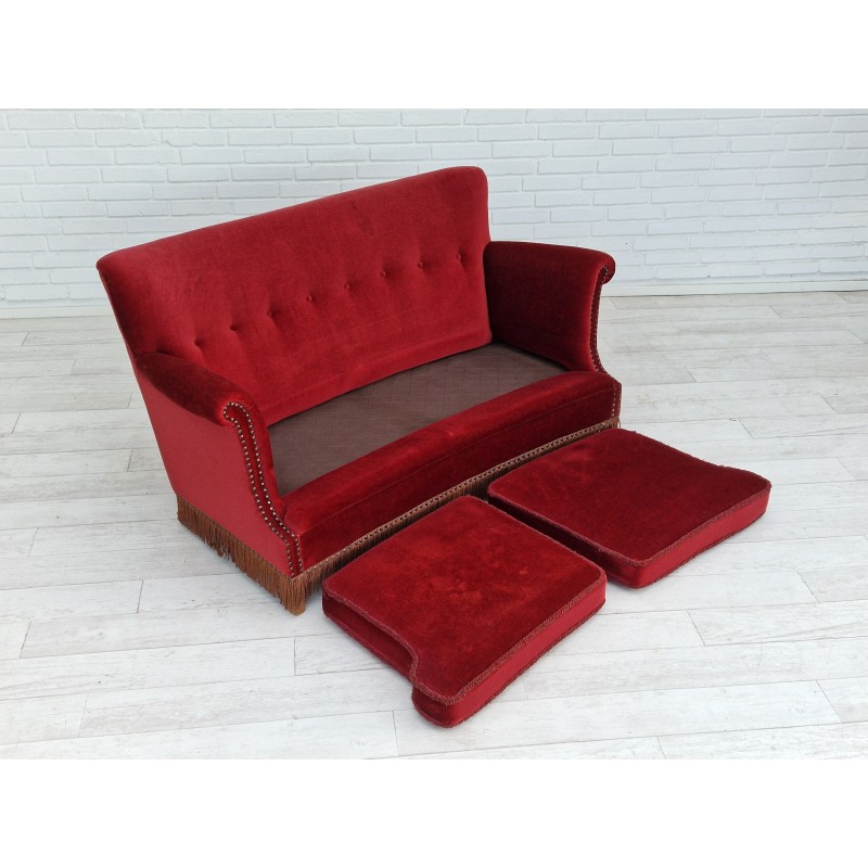 Vintage Danish sofa in red-cherry velour, 1950s
