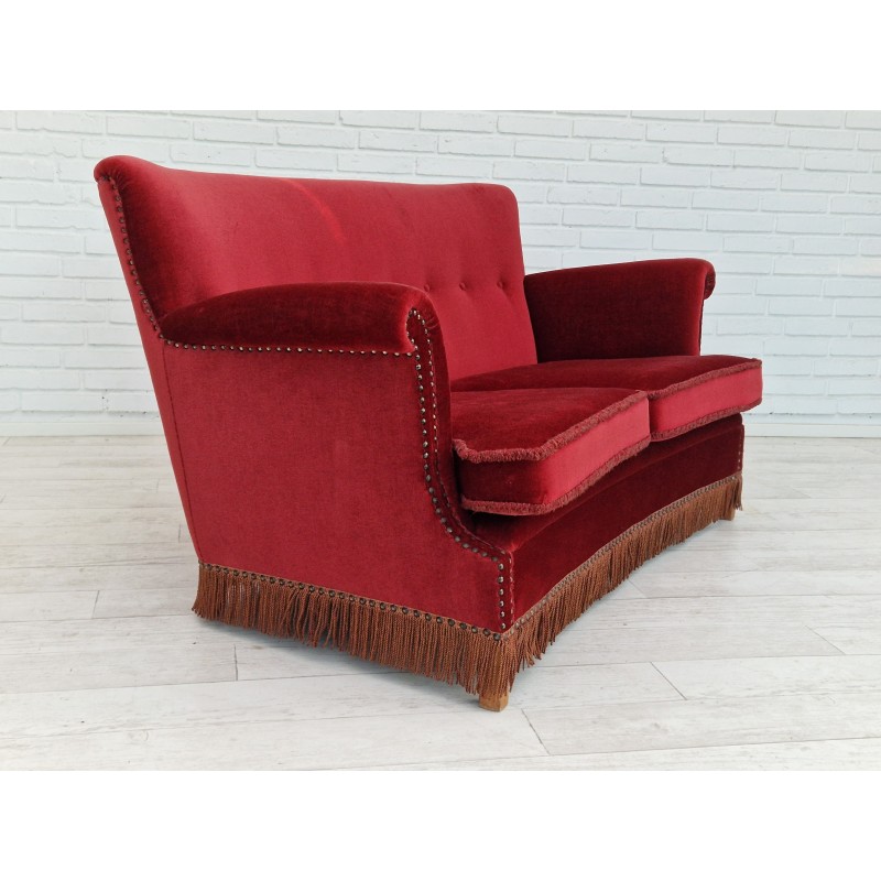 Vintage Danish sofa in red-cherry velour, 1950s