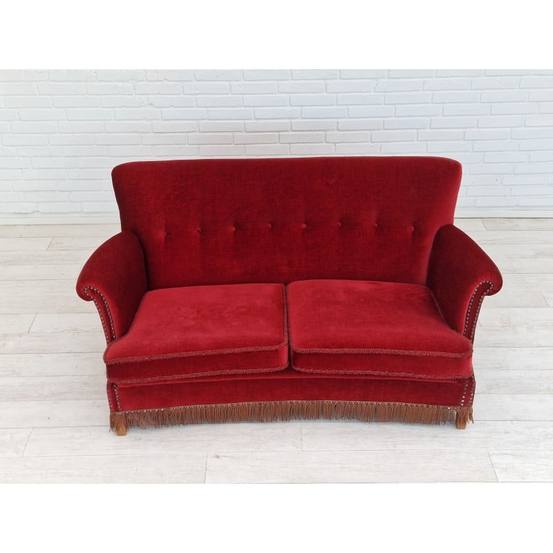 Vintage Danish sofa in red-cherry velour, 1950s