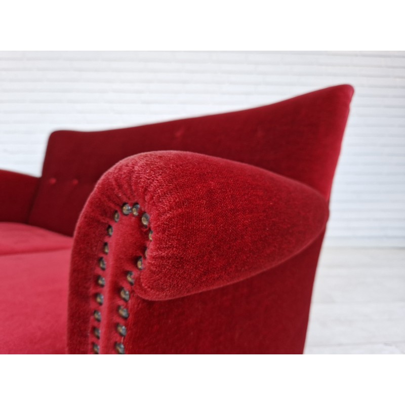 Vintage Danish sofa in red-cherry velour, 1950s