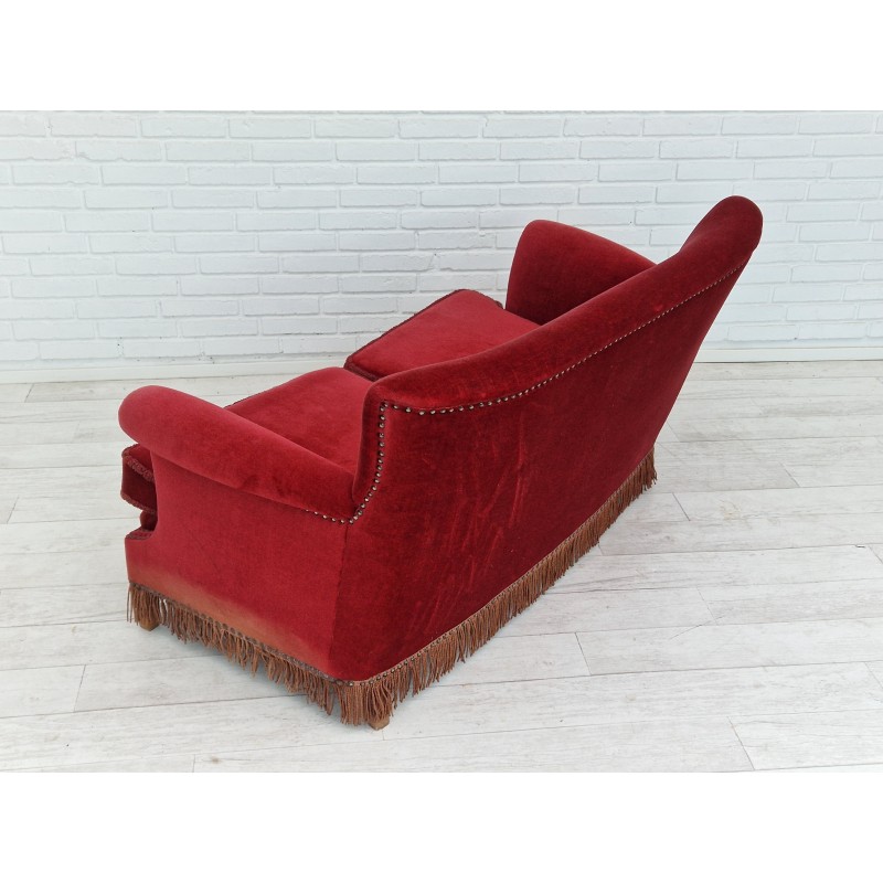 Vintage Danish sofa in red-cherry velour, 1950s