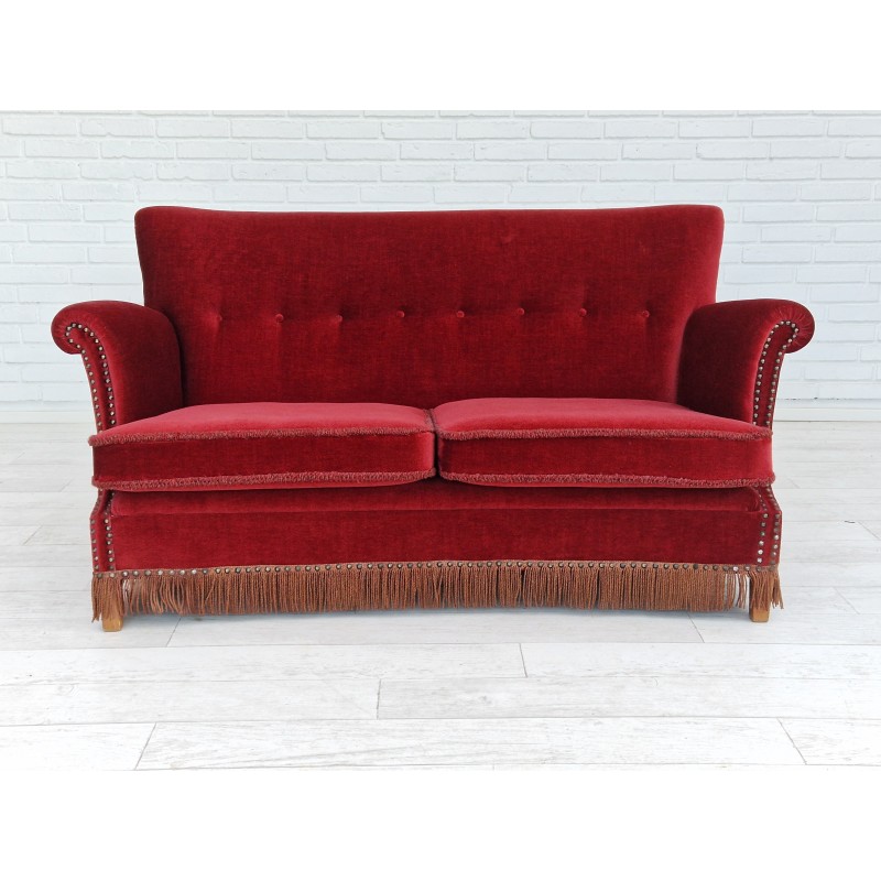 Dänisches Vintage-Sofa aus kirschrotem Velours, 1950er Jahre