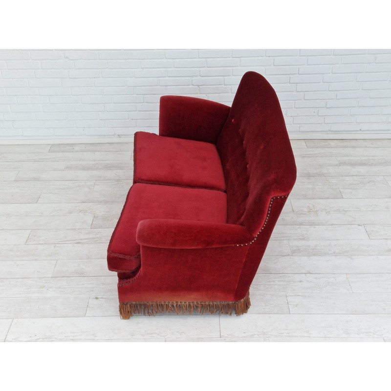 Vintage Danish sofa in red-cherry velour, 1950s