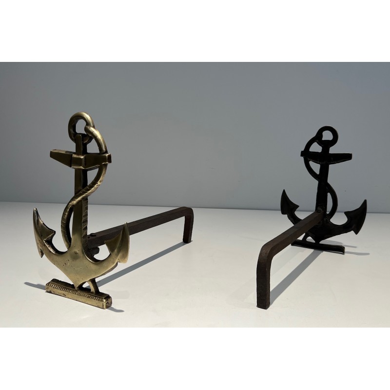 Pair of vintage brass ship's anchor andirons, 1970