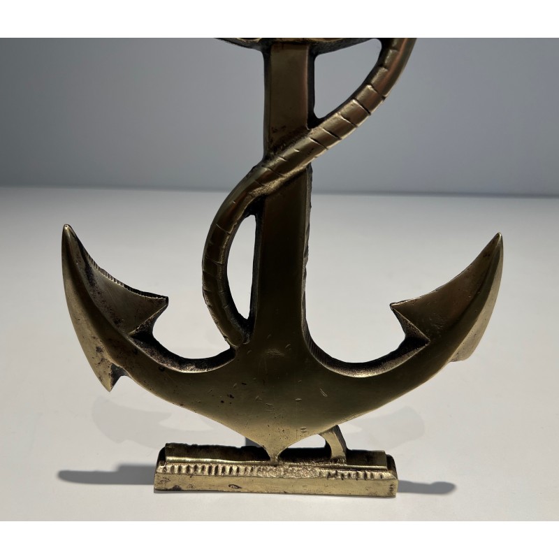 Pair of vintage brass ship's anchor andirons, 1970