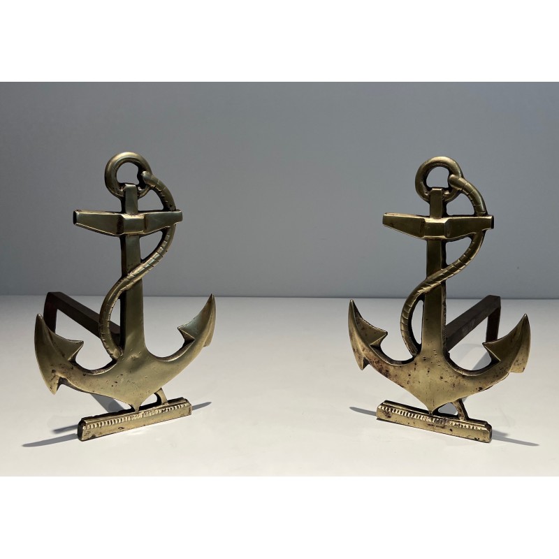 Pair of vintage brass ship's anchor andirons, 1970