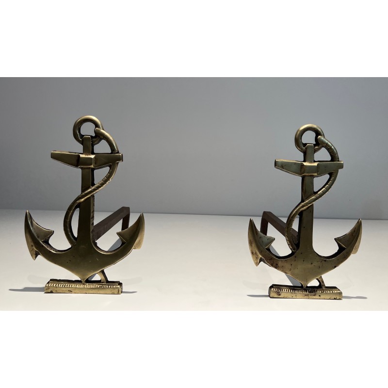 Pair of vintage brass ship's anchor andirons, 1970