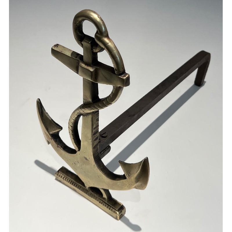 Pair of vintage brass ship's anchor andirons, 1970