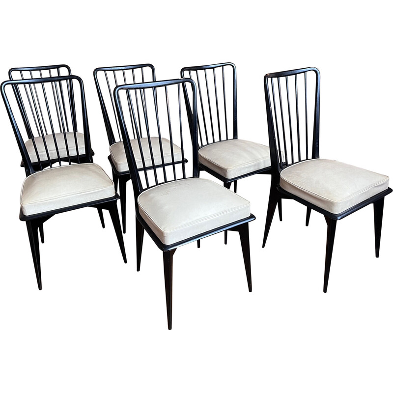 Set of 6 vintage lacquered wood and skai chairs by Charles Ramos, 1950