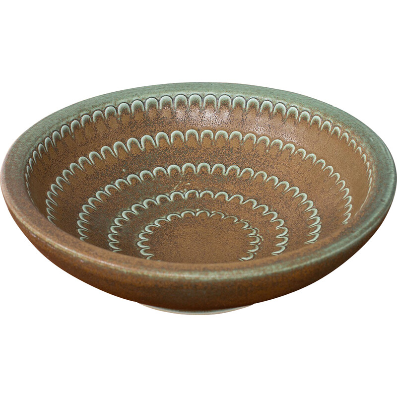 Vintage green and brown stoneware bowl by Wilhelm Kåge for Gustavsberg, Sweden 1950s