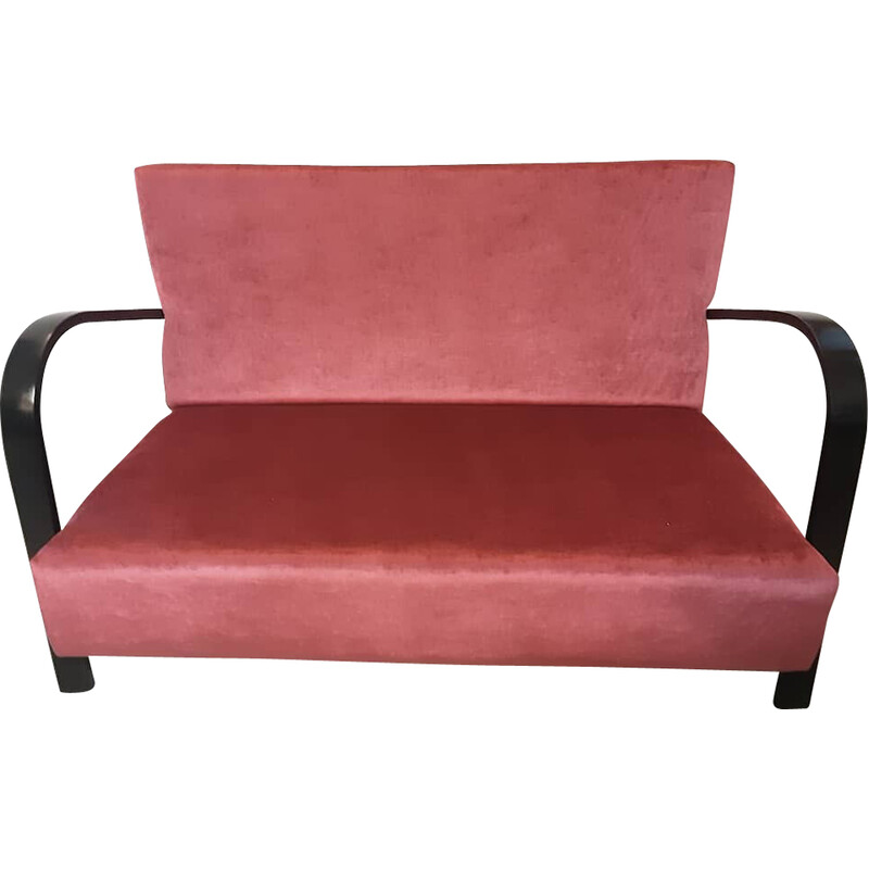 Vintage Art Deco sofa in black beech and red velvet, 1950