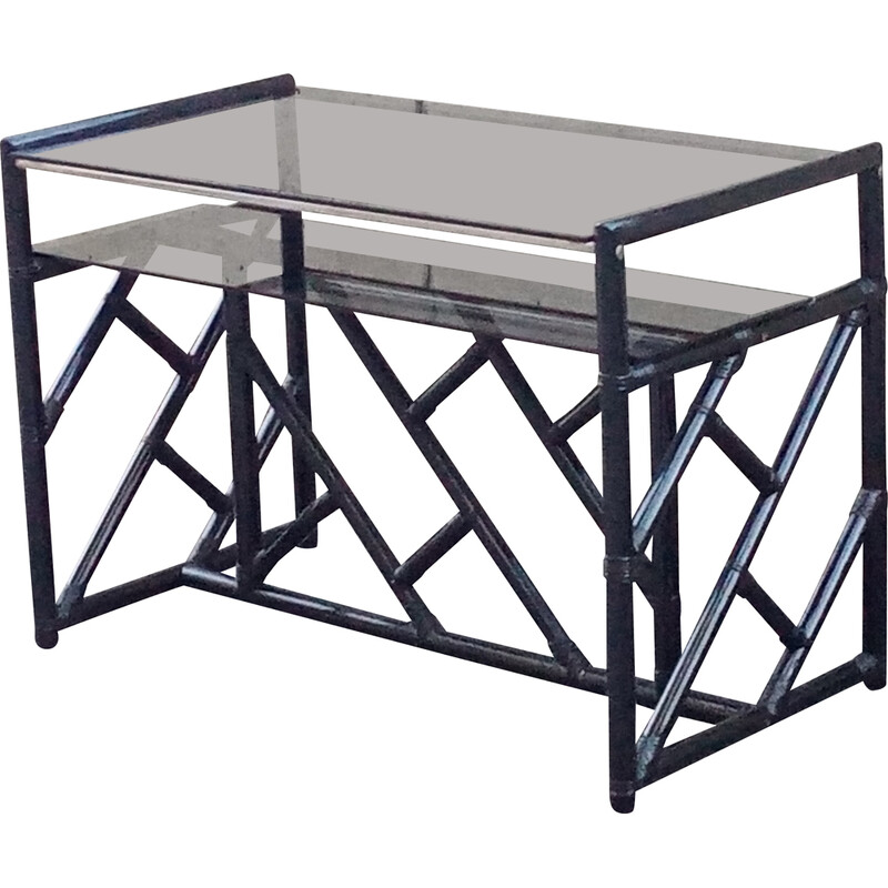 Table console vintage en bambou et verre fumé, 1980