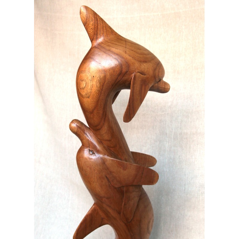 Indonesian vintage sculpture of two entwined dolphins, 1980s