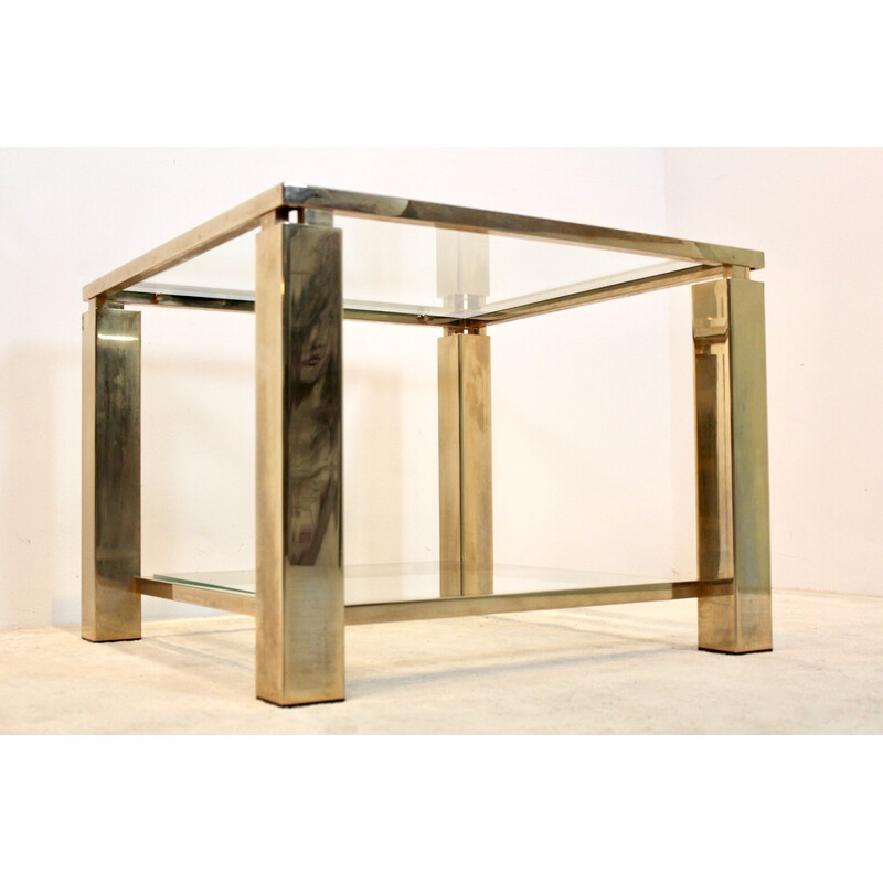 Mesa lateral de vidro Belgochrom quadrada Vintage 23 ct dourada de duas camadas