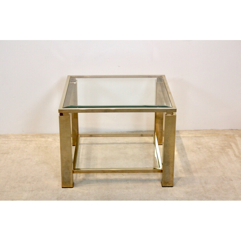 Mesa auxiliar de cristal cuadrada vintage Belgochrom bañada en oro de 23 ct de dos pisos