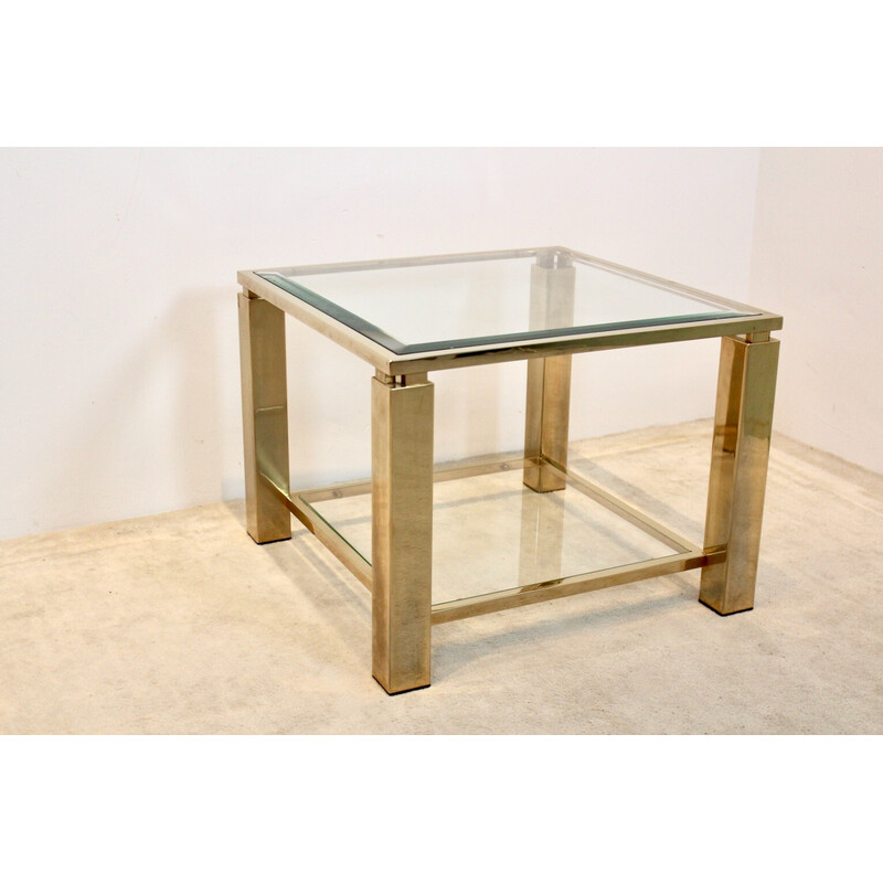 Vintage square Belgochrom 23 ct gold-plated two tier glass side table