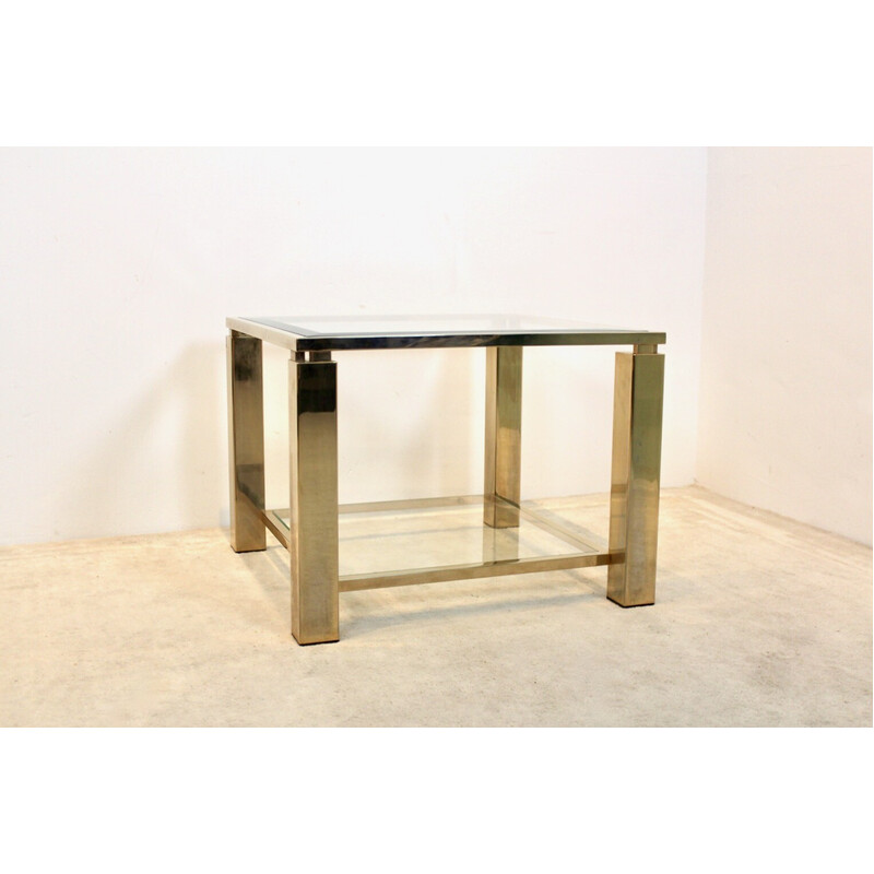 Table d'appoint vintage carrée en verre plaqué or 23 carats Belgochrom à deux niveaux
