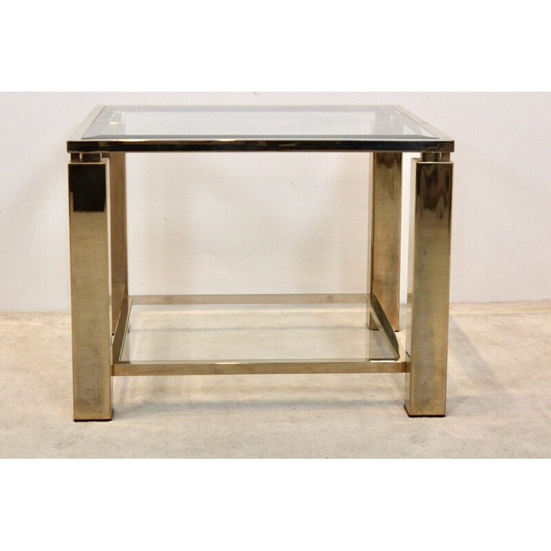 Tavolino quadrato vintage Belgochrom placcato oro 23 ct a due piani in vetro