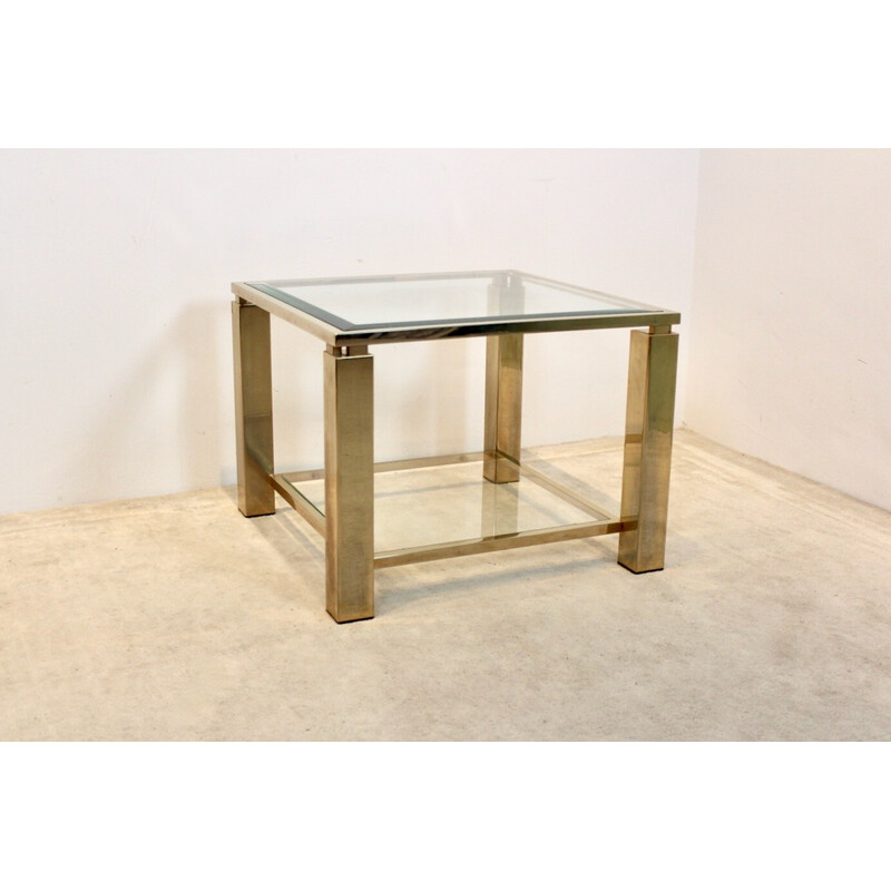 Vintage square Belgochrom 23 ct gold-plated two tier glass side table