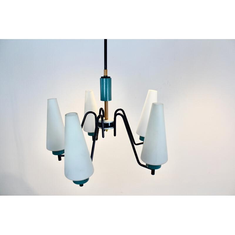 Dutch vintage steel, wood and opaline glass chandelier, 1950s