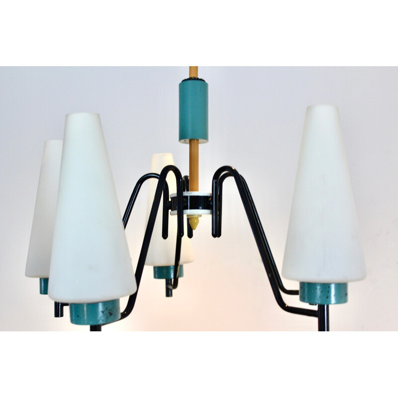 Dutch vintage steel, wood and opaline glass chandelier, 1950s