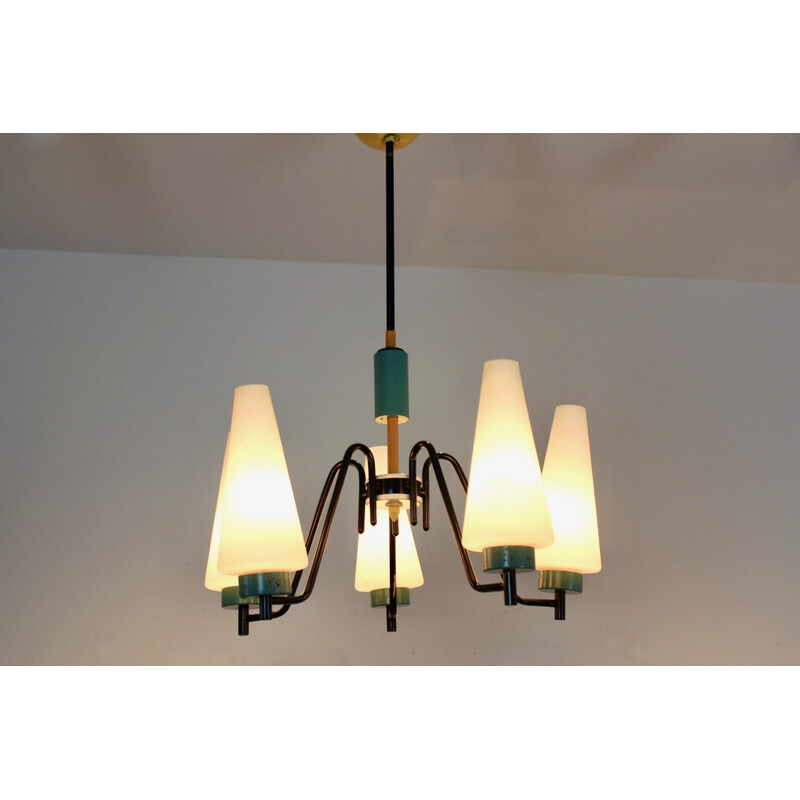 Dutch vintage steel, wood and opaline glass chandelier, 1950s