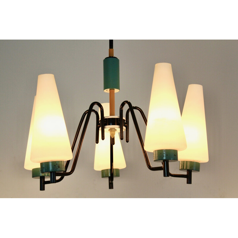 Dutch vintage steel, wood and opaline glass chandelier, 1950s