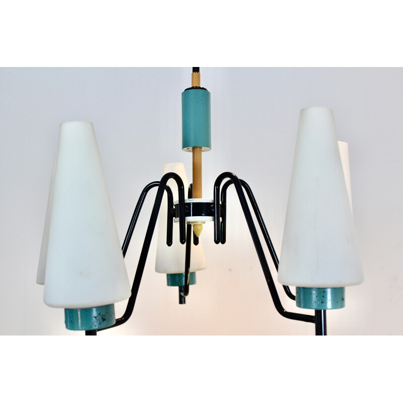 Dutch vintage steel, wood and opaline glass chandelier, 1950s