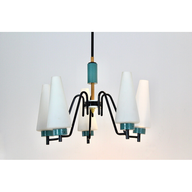 Dutch vintage steel, wood and opaline glass chandelier, 1950s