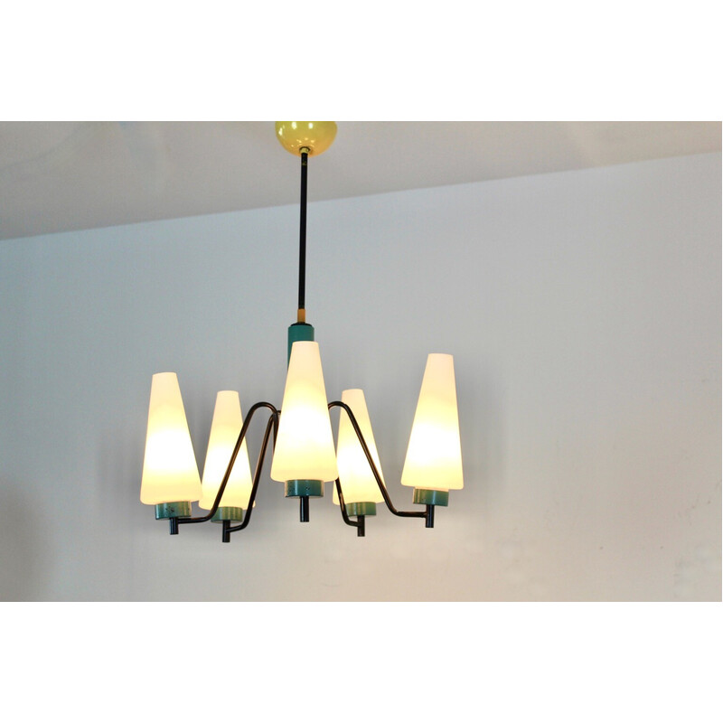 Dutch vintage steel, wood and opaline glass chandelier, 1950s