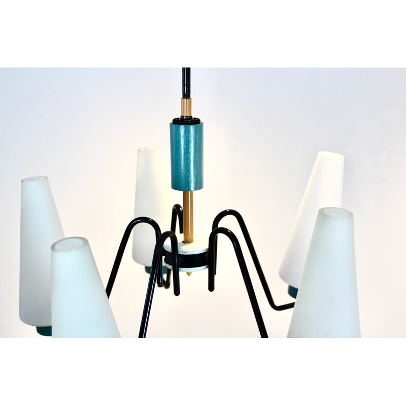 Dutch vintage steel, wood and opaline glass chandelier, 1950s