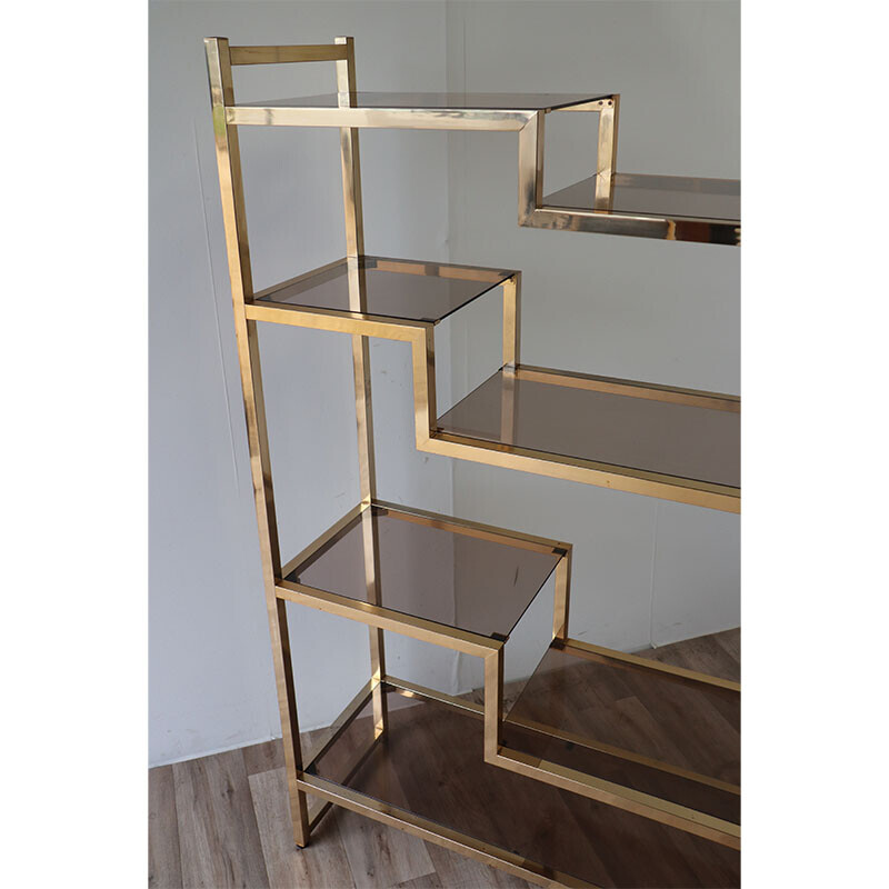 Vintage bookcase in gilded metal and smoked glass, 1970